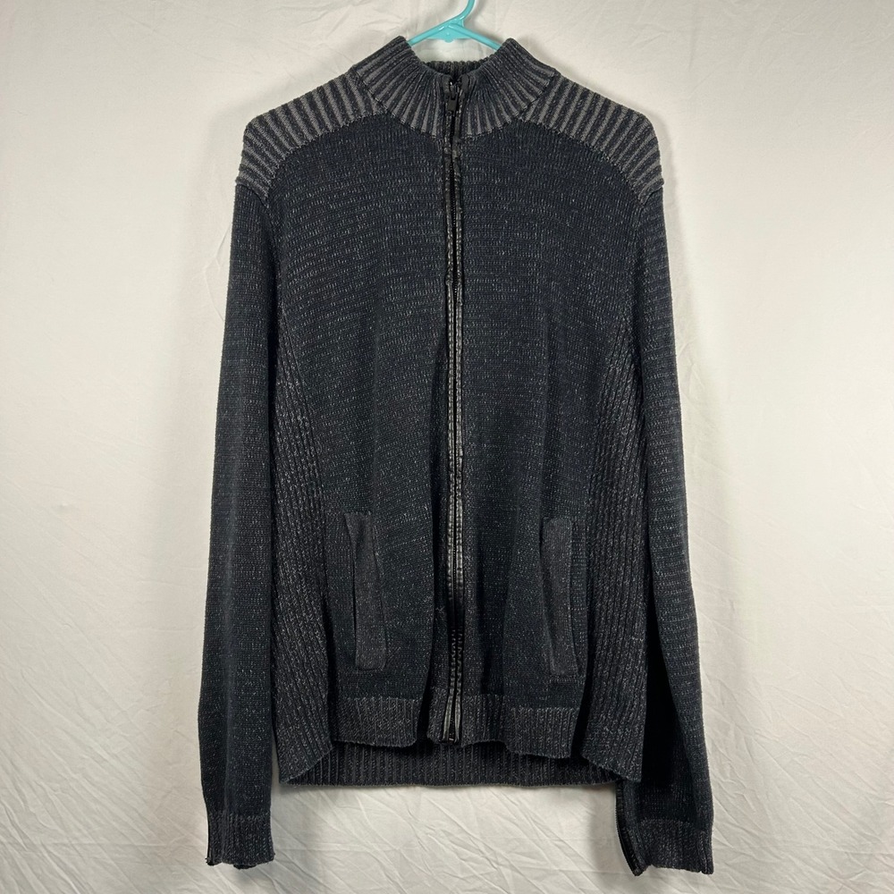 Rock & Republic Full Zip Sweater Mens XL Charcoal Good Faux Leather Trim Moto
